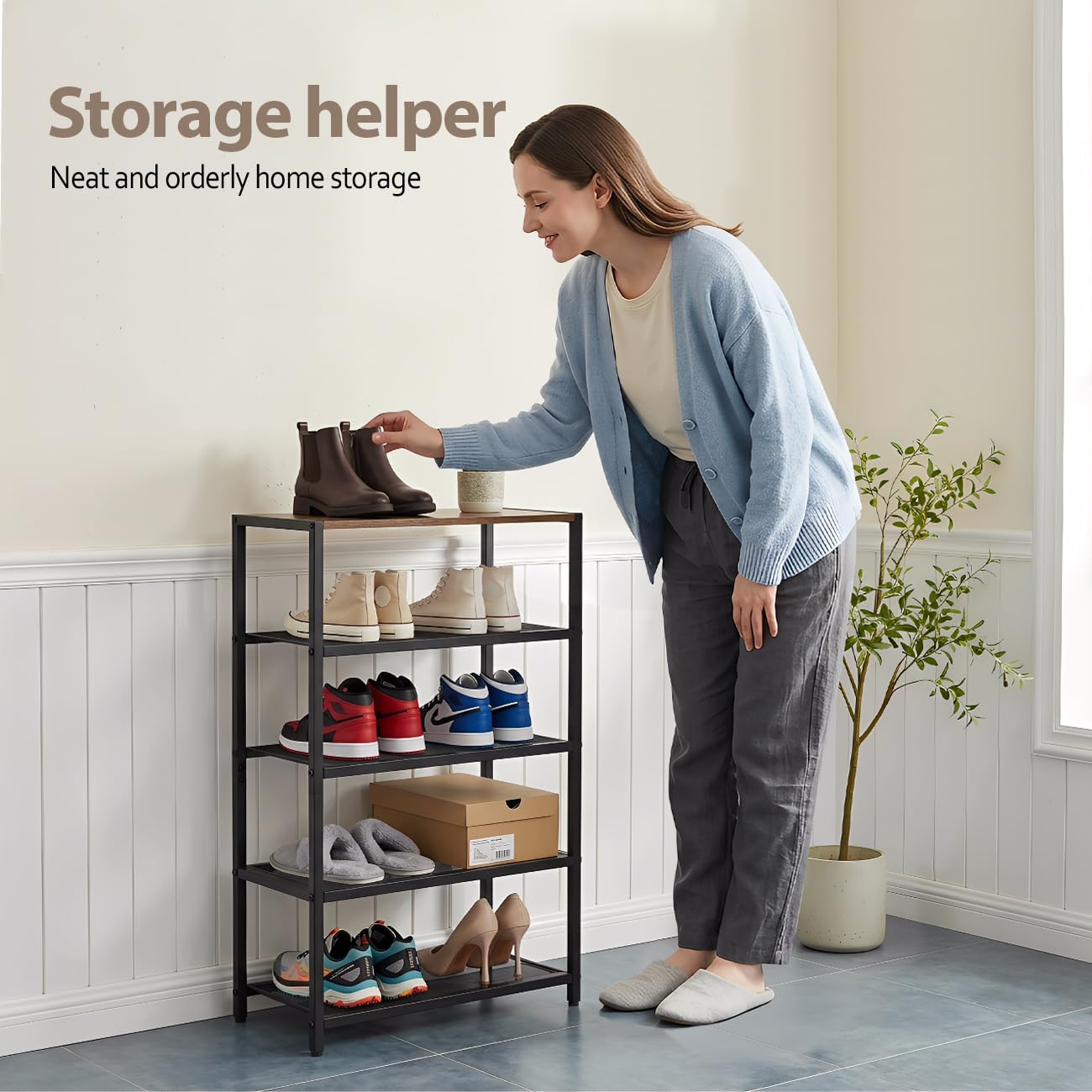 RUNJIMY Narrow Shoe Rack for Front Door Entrance, Entryway, and Closet Shoe Organizer with 4 Sturdy Metal Mesh Shelves and Wooden Top, Holds 10 Pairs, Ideal for Storage or Display