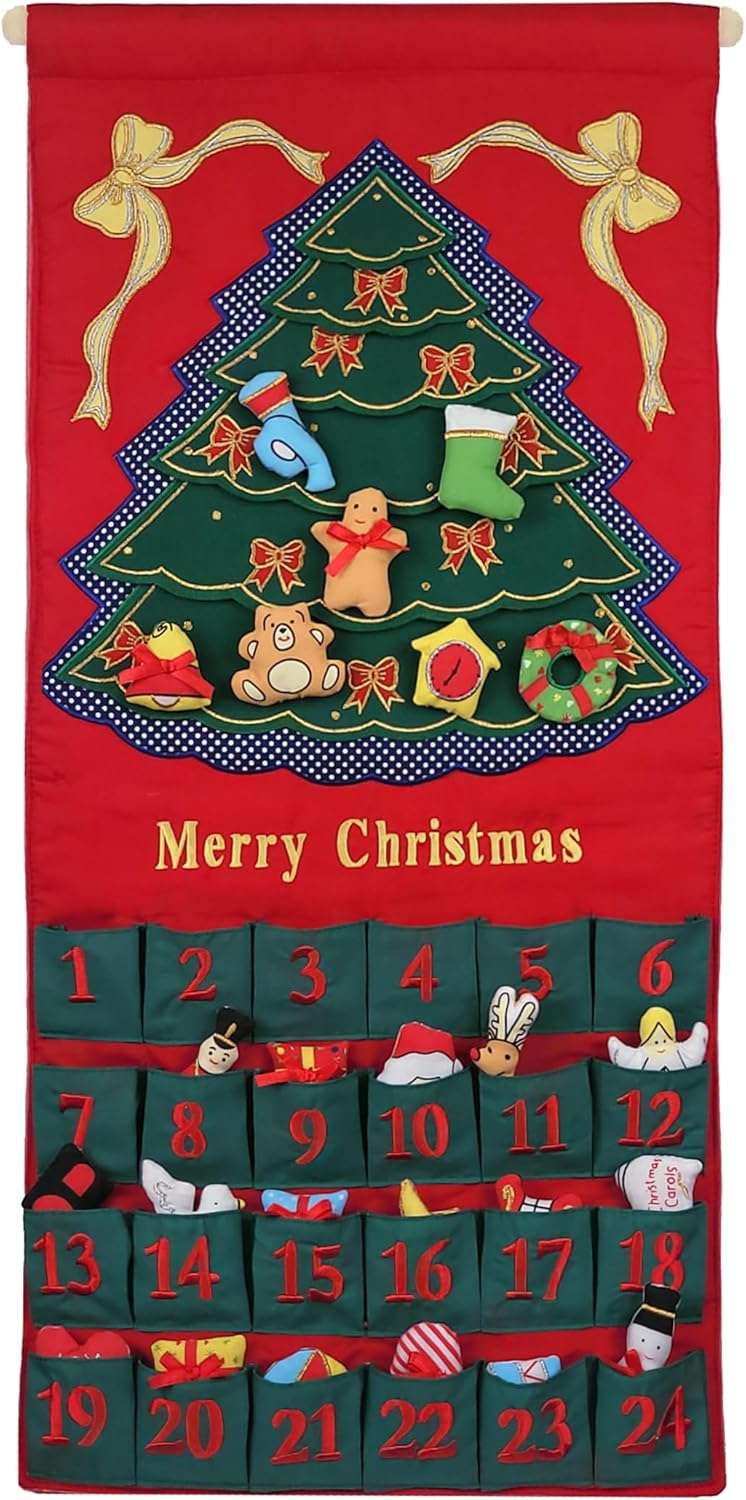 Pockets of Learning Merry Christmas Green Tree Advent Calendar - Festive Fabric Wall Hanging | 24 Stuffed Ornaments