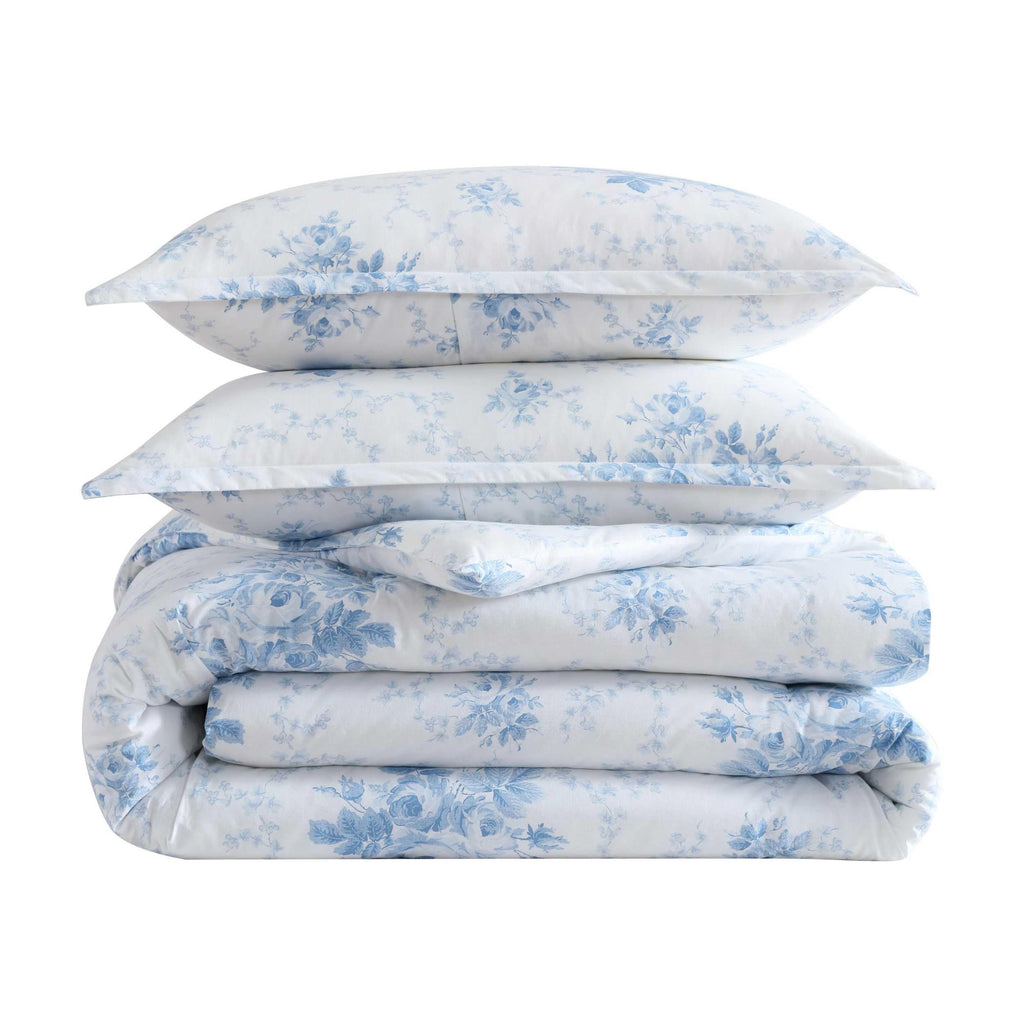 Laura Ashley - Full/Queen Duvet Cover Set, Plain Weave Cotton Bedding with Matching Shams, Button Closure, Lightweight for Year Round Use, Oeko-Tex Certified (Sophia Blue)