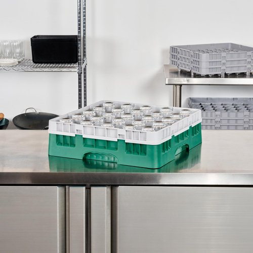 Restaurantware Clean Tek Professional 25 Compartment Glass Rack, 1 Heavy Duty Durable Tray, With 1 Full Drop Extender, Green Glass Holder For Restaurants, Bars, Pubs, Cafeterias, and Home Kitchens