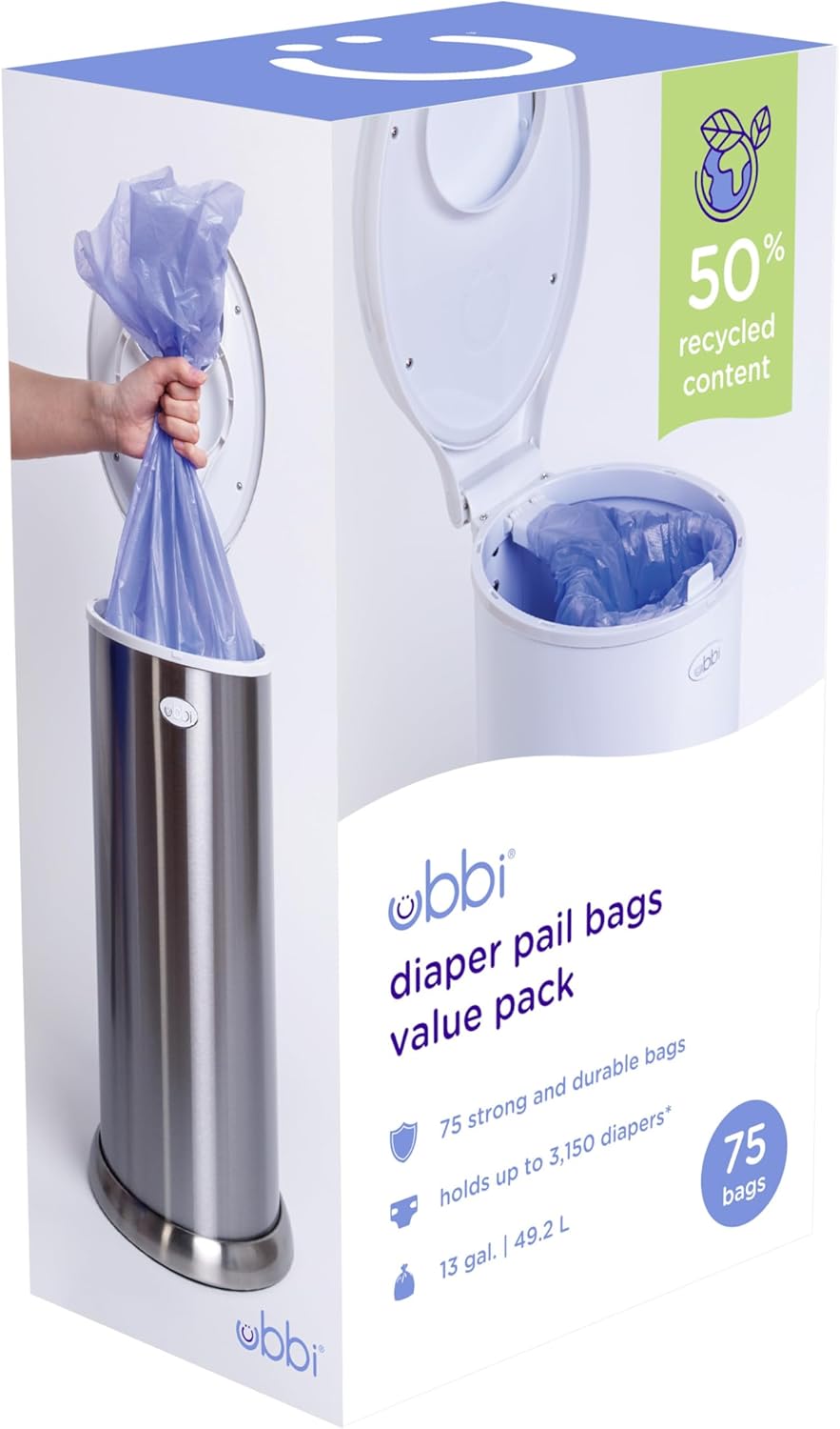 Ubbi Diaper Pail Bags - Disposable Baby Waste Bags | 75 Count, 13-Gallon Size, 3 Pack