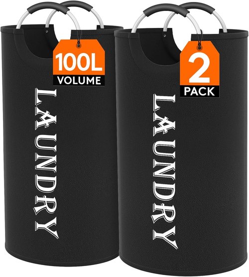 Lifewit Large 100L Laundry Basket - Collapsible Hamper with Aluminum Handles | Waterproof Black 2-Pack