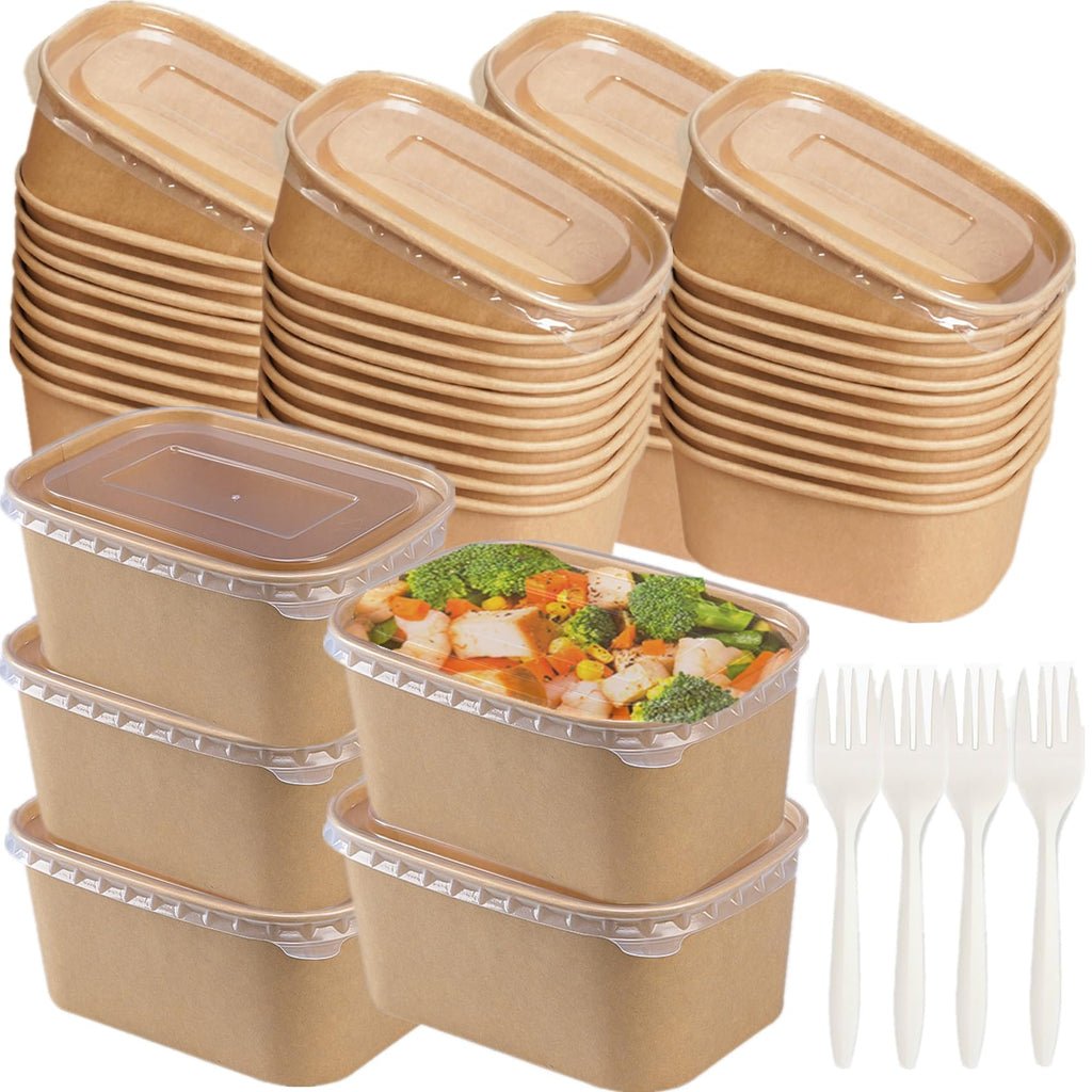 LyyGuanYoo 50 Pack Disposable Kraft Paper Bowls with Lids, 33 OZ Meal Prep Container, Microwave Freezer Safe Salad Bowls with Forks for Hot/Cold Food, Soup, Ice Cream, Takeout, Party Supplies