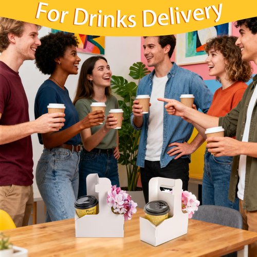Lawei 50 Pack 2 Cup Drink Carrier with Handle, Disposable White Cardboard Paper Cup Holder Tray for Cold/Hot Drinks, Coffee Carrier, Food Delivery, Thickened Take Out Cup Carriers, Easy Assemblable