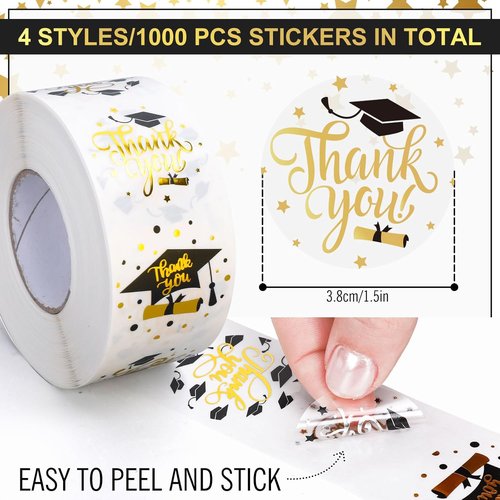 FYSUIMU Graduation Stickers - 1000Pcs Gold Foil Thank You Labels | Self-Adhesive Grad Cap Designs