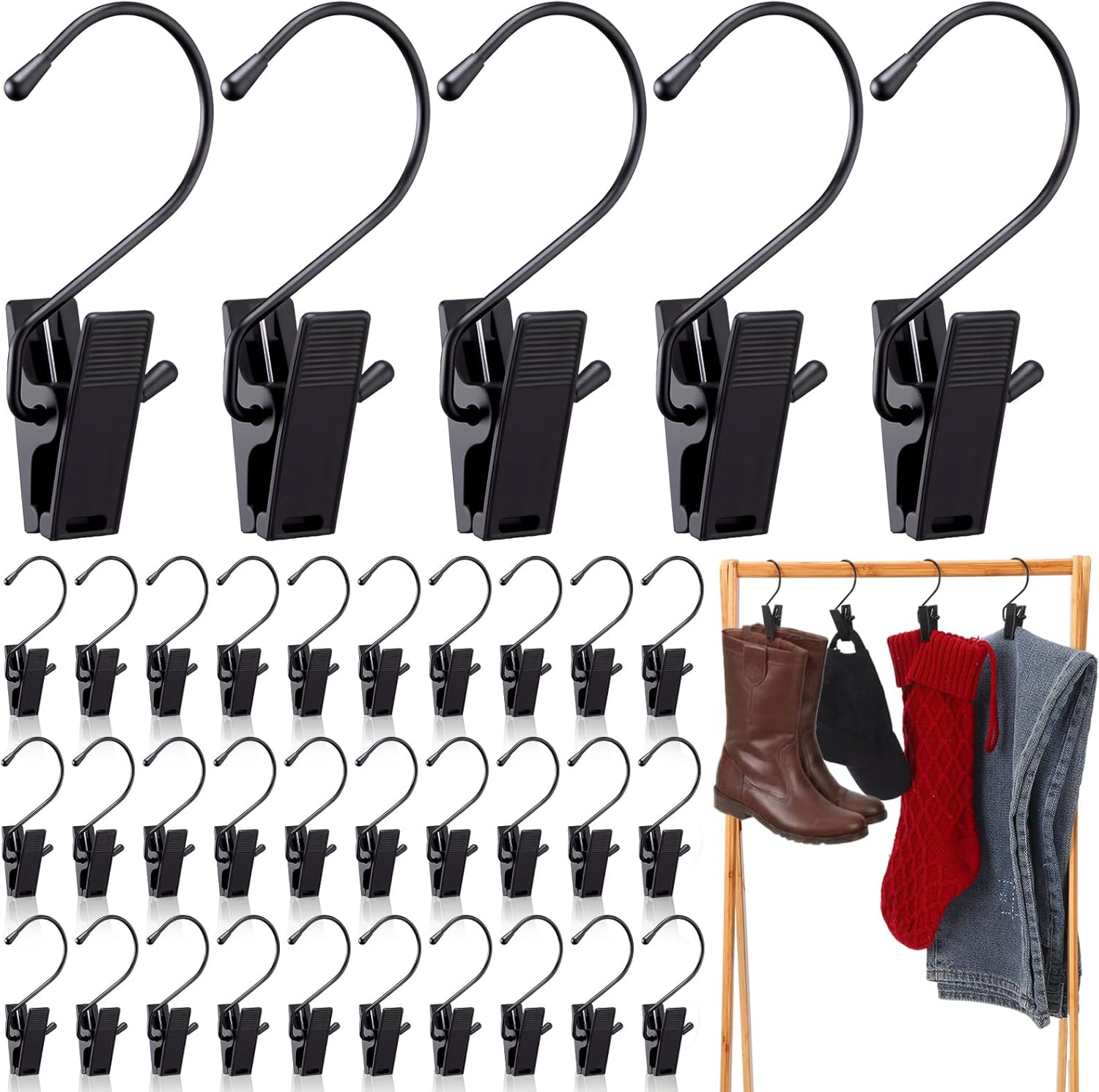 Skiennix Boot Hangers - 50 Pcs Heavy-Duty Closet Hooks with Clips for Boots, Pants, and Accessories - Black
