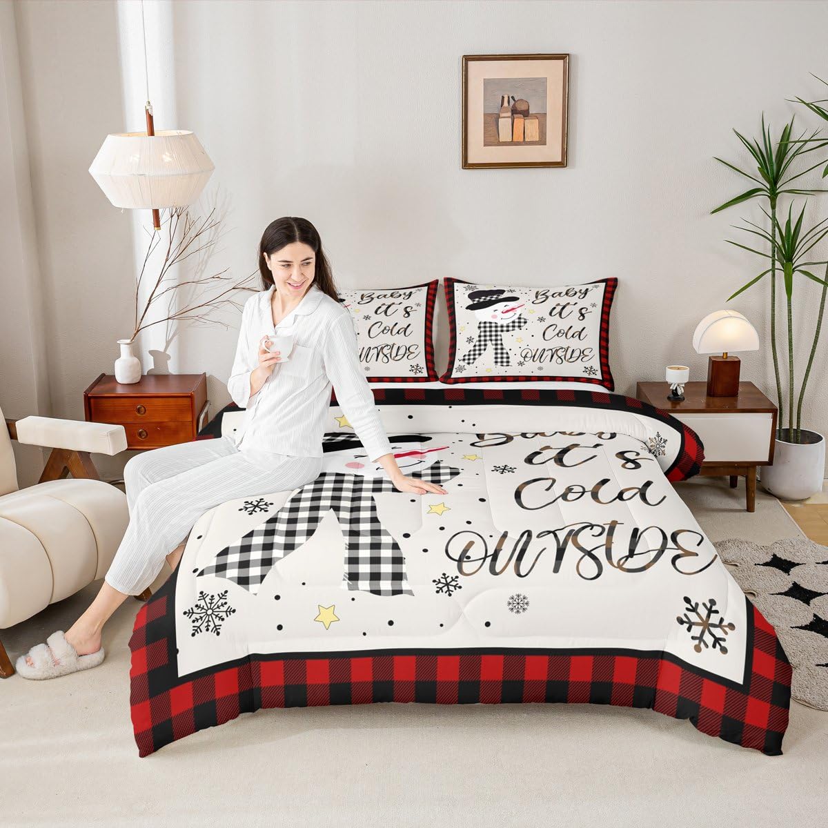 Kids Christmas Snowman Comforter Set Queen Size,Snowflake Winter Bedding Set,Girls Boys Adults Xmas Decor,Geometric Grids Lattices Patch Down Comforter,Red Rustic Vintage Duvet Insert,2 Pillowcases