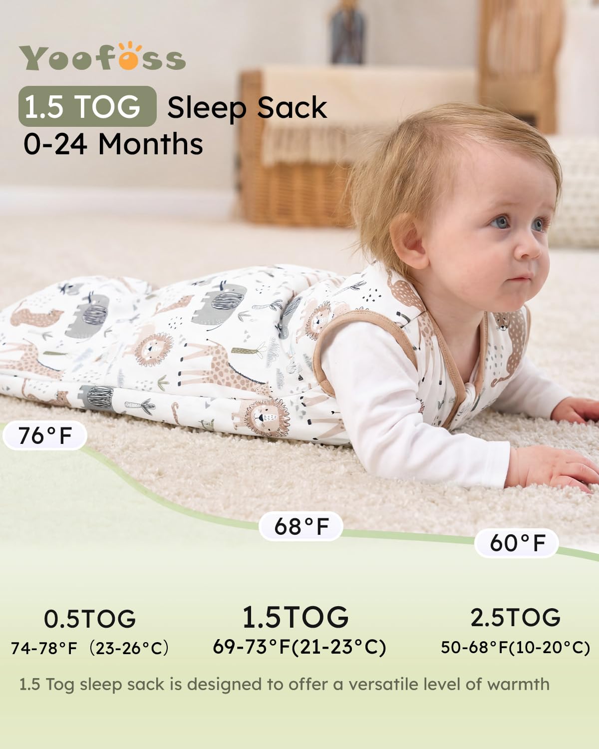 Yoofoss Baby Sleep Sack - 1.5 Tog Organic Cotton Wearable Blanket for 12-18 Months | Warm & Comfy