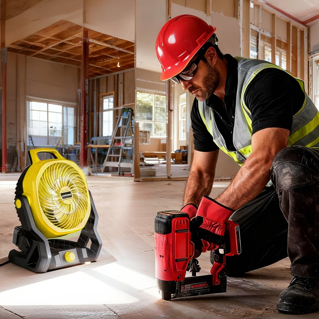 Moutec Battery Powered Fan, Cordless Jobsite Fan Compatible with DeWalt 20V & AC (adapter included). 650 CFM variable speed — for workshop, outdoor, camping. (Battery Not Included)