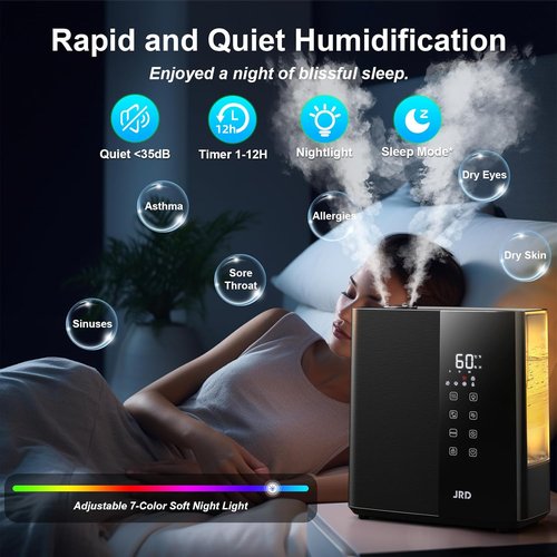 JRD Ultrasonic Humidifier - 5L Warm & Cool Mist for Fast Relief | 50H Runtime, 12H Timer, 7 Color Light - Black