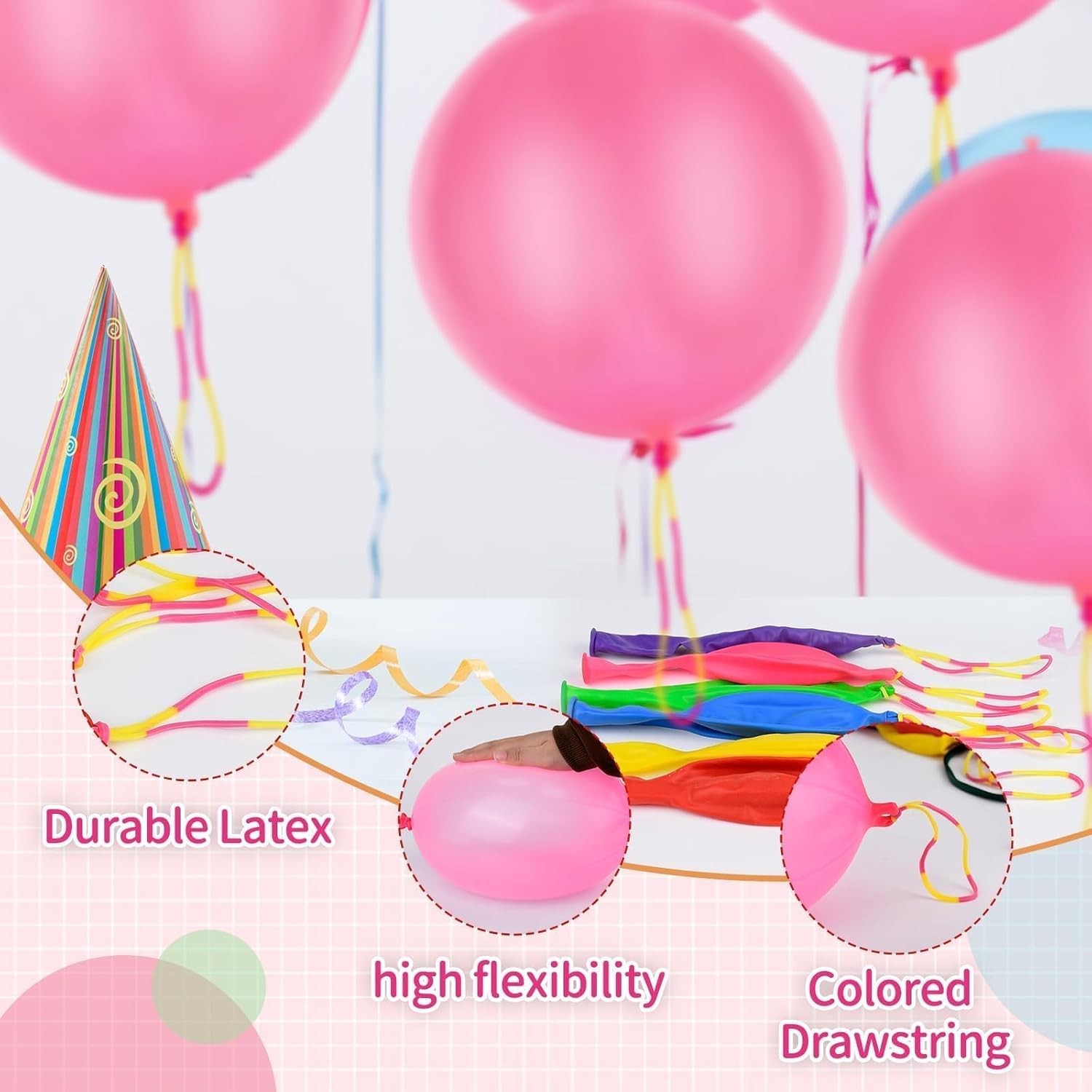 Skiennix 36 Pcs Pink Punch Balloons - Easy Grip Rubber Band Handle | Perfect for Kids’ Birthday Parties & Outdoor Fun