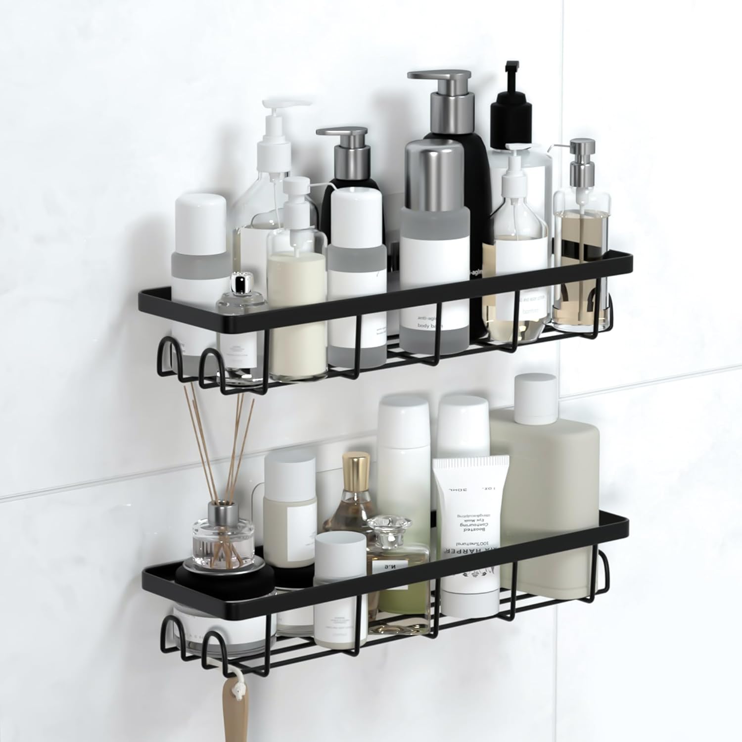 Shower Caddy Organizer - Self-Adhesive Bathroom Shelves with Hooks | No Drilling, 2 Pack Black