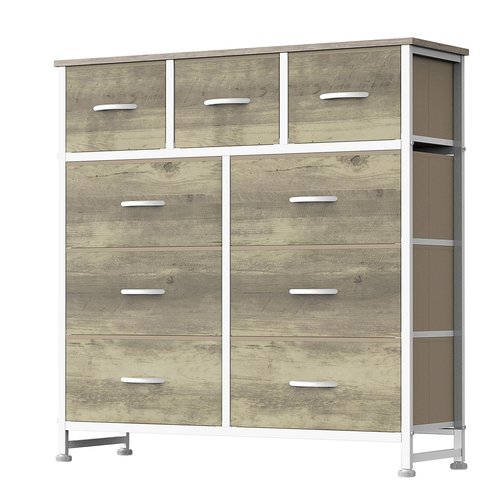 DUMOS 9 Drawer Dresser for Bedroom, Fabric Storage Organizer with Sturdy Metal Frame, Wooden Top Chest of Drawers for Closet Entryway Guest Room,Gold