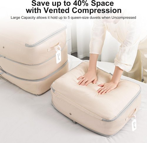 Comforter Storage Bag | Skiennix Large Capacity 3-Layer Compression Organizer - Washable Beige 2-Pack