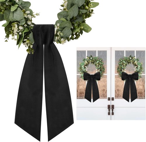 Black Wreath Sash Set by [Brand Name] - Elegant Linen Ribbon Bow for Front Door & Porch Decor
