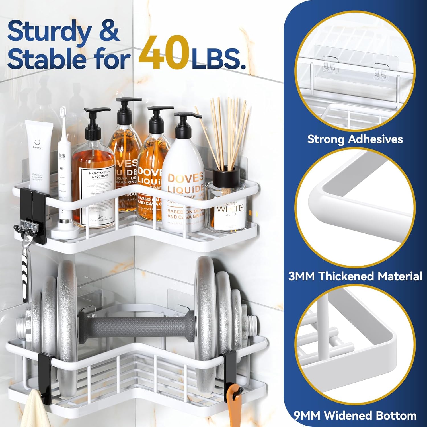 YASONIC Corner Shower Caddy - 5-Pack Adhesive Rustproof Stainless Steel Organizer | No-Drill Design, White
