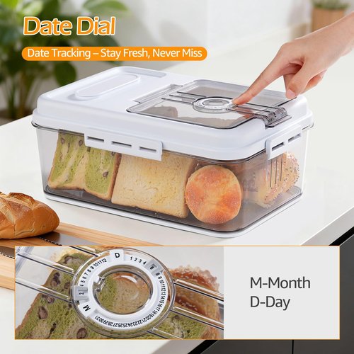 Dynta 2 Pack Bread Box for Kitchen Countertop Airtight Bread Storage Container with Lid Time Recording Plastic Bread Keeper for Homemade Bread, Toast, Loaf and Cookies