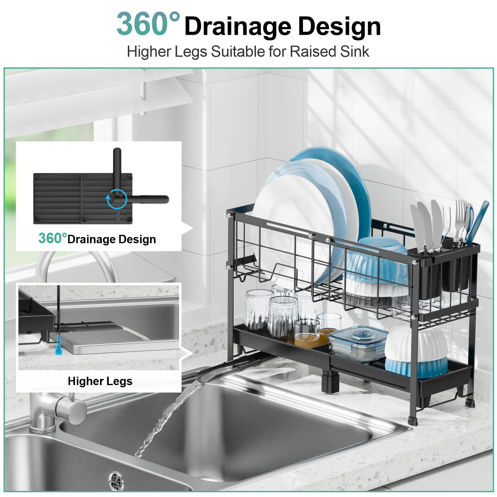 GSlife Narrow Dish Drying Rack, 2 Tier Small Dish Drainer for Kitchen Counter, Expandable Compact Dish Rack with Utensil Holder for RV/1-2 People, 15.7''-20.7''L x 7" D x 12.6" H, Black