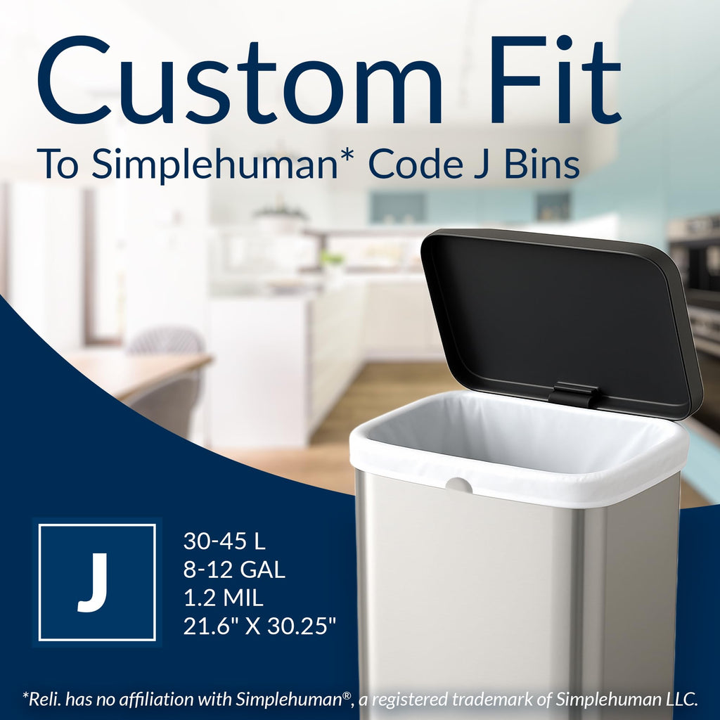 Reli. SuperFit Code J (225 Count) | Compatible with Simplehuman Code J | Custom Fit Liners | Drawstring Trash Bags | 30-45 Liter / 8-12 Gallon | White | Roll Pack