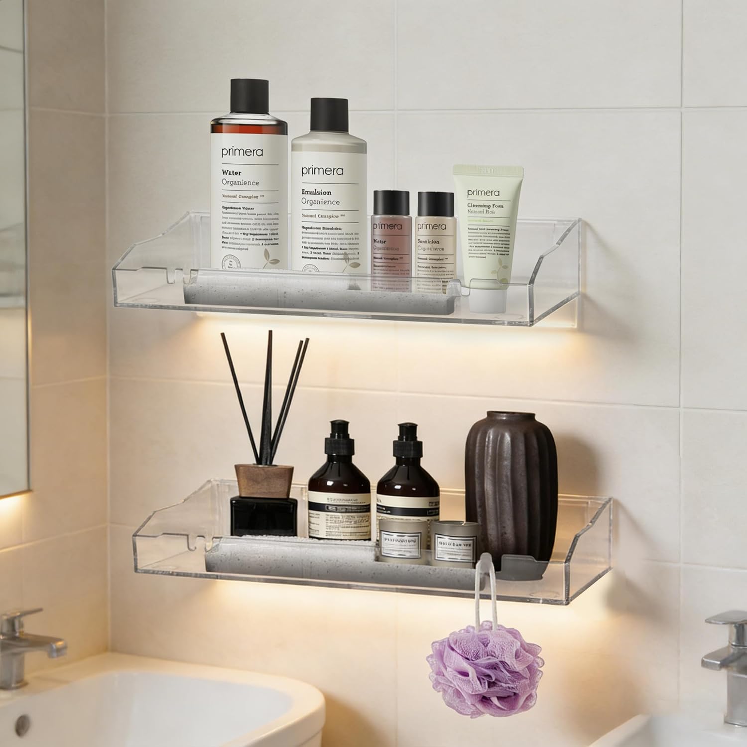 Skiennix Acrylic Wall Shelves - Clear Floating Shelf for Bathroom & Living Room | Easy Adhesive or Screw Installation