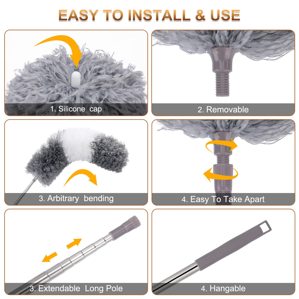 DEEHYO Microfiber Duster for Cleaning Fan, High Ceiling, Blinds, Furniture, Cars , 9PCS Extendable Feather Duster (Stainless Steel) 30 to 100 Inches, Reusable Bendable Washable