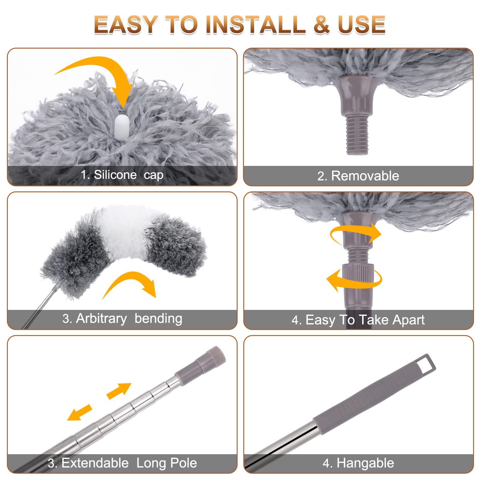 DEEHYO Microfiber Duster for Cleaning Fan, High Ceiling, Blinds, Furniture, Cars , 9PCS Extendable Feather Duster (Stainless Steel) 30 to 100 Inches, Reusable Bendable Washable