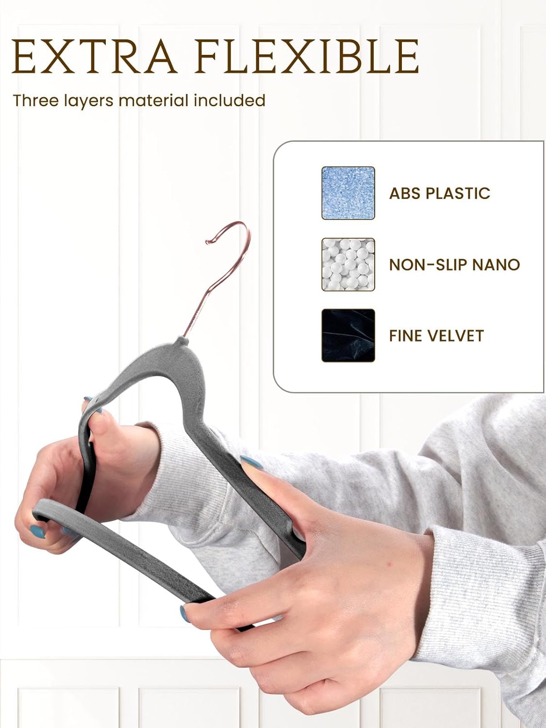 Smartor Grey Velvet Hangers - 50 Pack Non-Slip Heavy Duty Felt Hangers with 360° Rotating Rose Gold Hook | Slim Space-Saving Closet Organizer