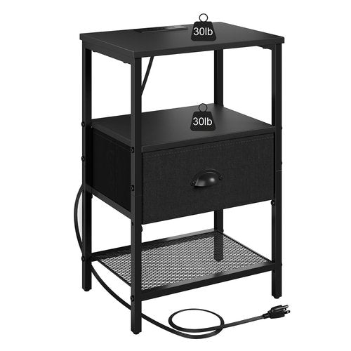 Sthmec Nightstands Set of 2, LED Bedside Tables with Charging Station and Fabric Drawer, Night Stand with Storage, 3 Tier Side Table with Open Shelf, LED Nightstand with Charging Station, Black