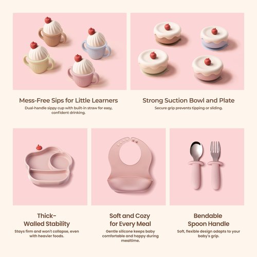 COZY ROCK Silicone Baby Feeding Set, Gelato Collection Baby Led Weaning Supplies, First Self-Feeding Ice Cream Set, Silicone Suction Bowl with Cherry Lid & Plate, Straw Cup & Bib, Fork & Spoon - Pink