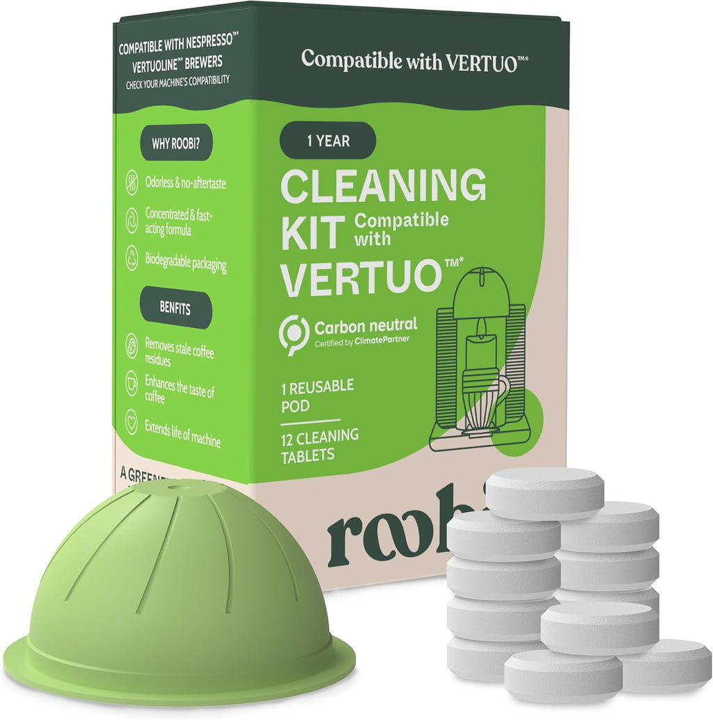 Roobi Cleaning Kit for Nespresso Vertuoline - 1 Reusable Pod & 12 Eco-Friendly Cleaning Tablets | 1-Year Supply