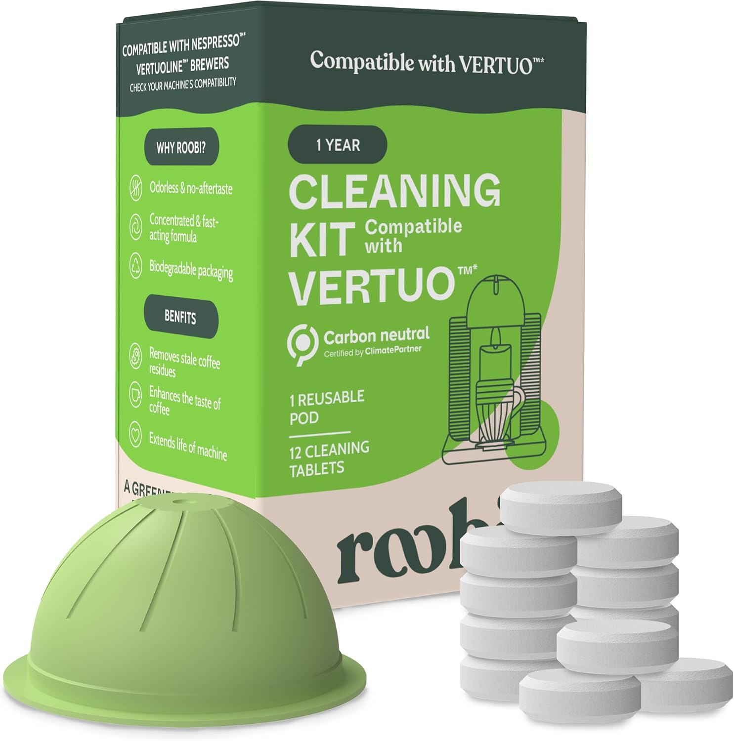 Roobi Cleaning Kit for Nespresso Vertuoline - 1 Reusable Pod & 12 Eco-Friendly Cleaning Tablets | 1-Year Supply