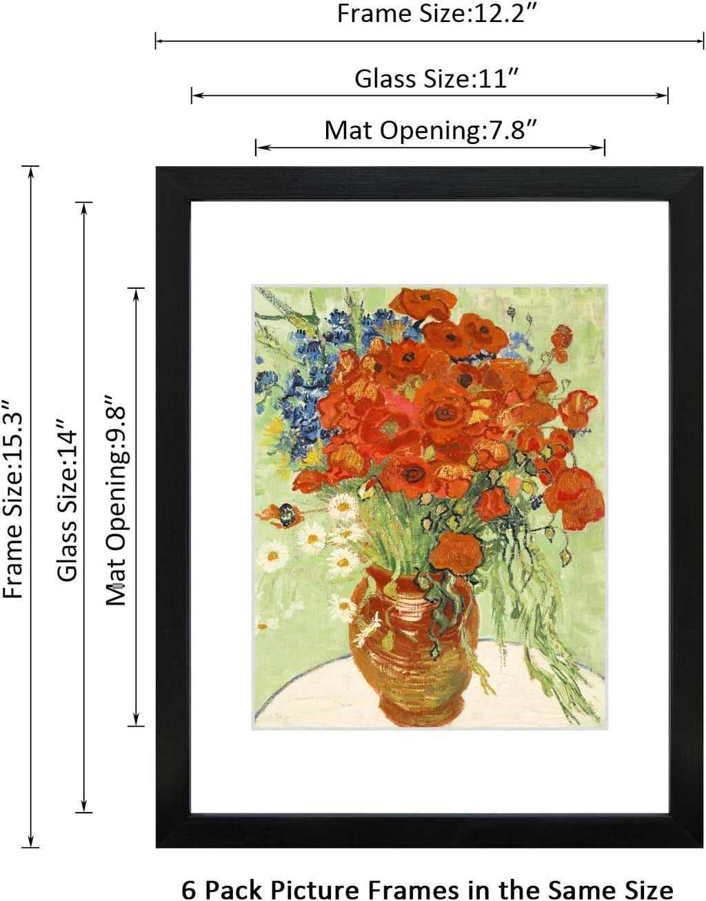Skiennix 11x14 Picture Frame Set of 6 - Real Glass for 8x10 Photos with Mat or 11x14 Without Mat | Black Display Frames