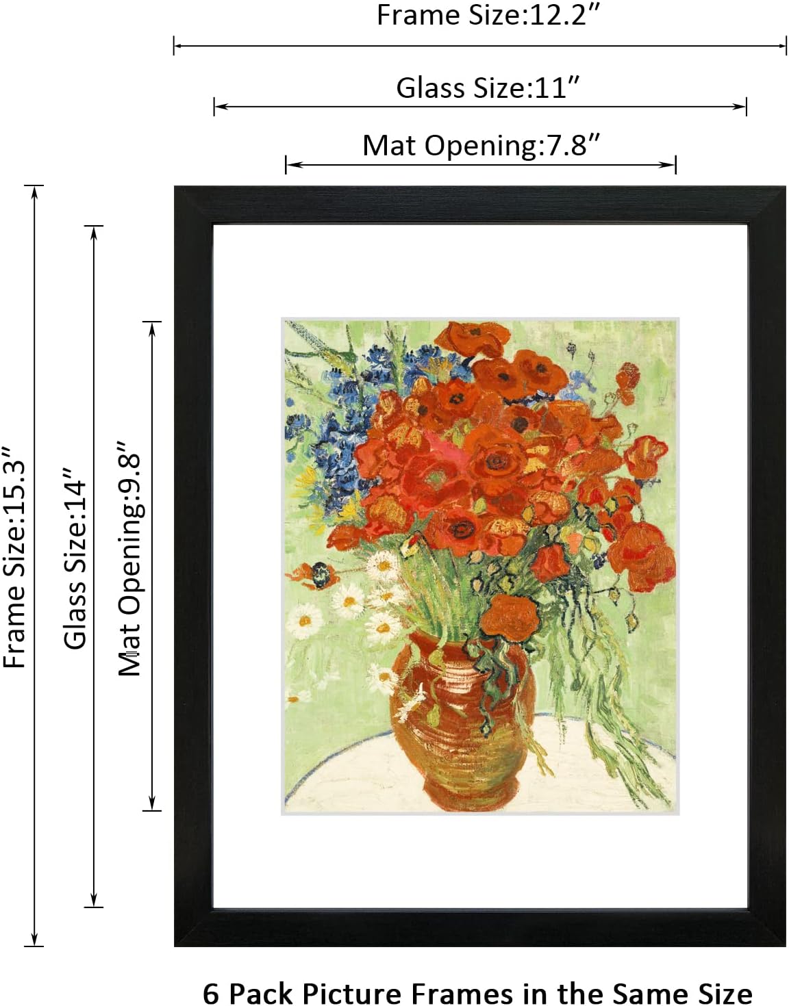 Skiennix 11x14 Picture Frame Set of 6 - Real Glass for 8x10 Photos with Mat or 11x14 Without Mat | Black Display Frames