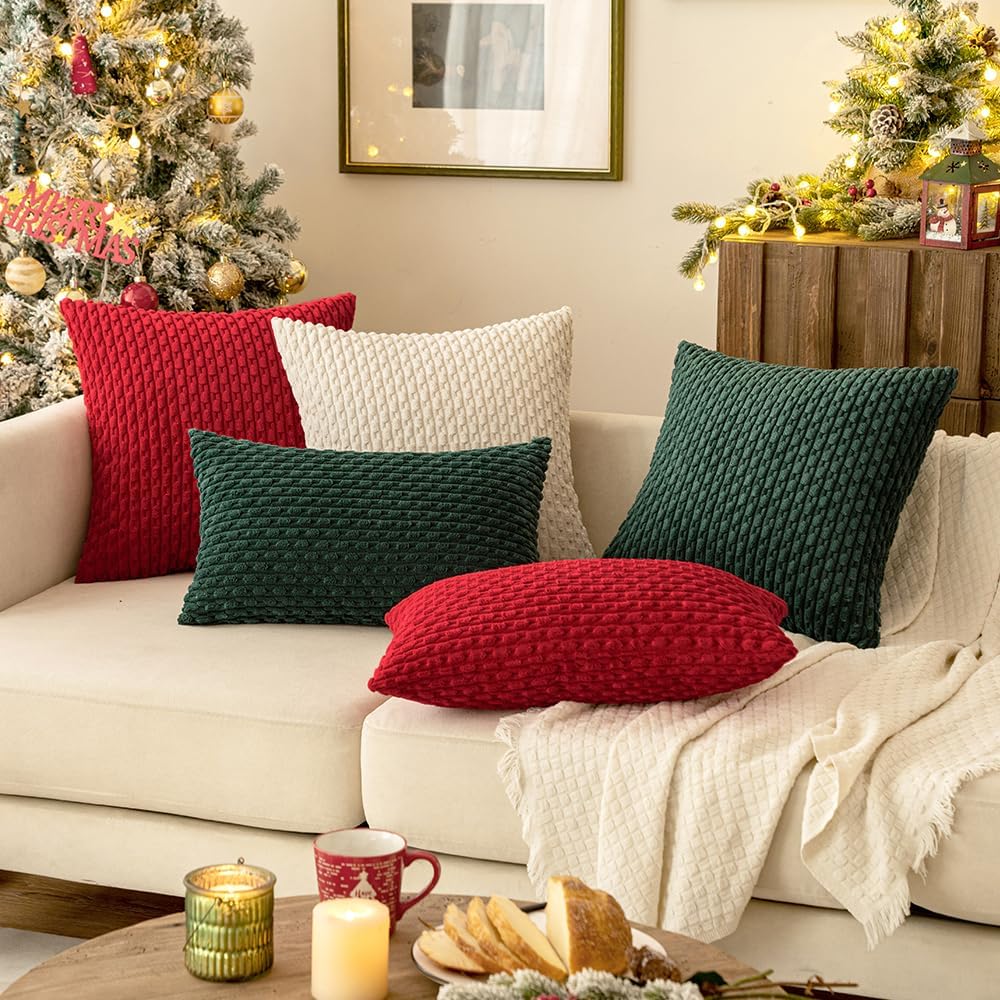 MIULEE Decorative Throw Pillow Covers - Soft Boho Striped Textured Corduroy | 18x18 Inch, Cream White