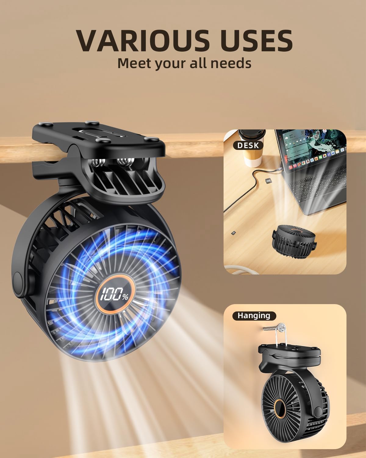 TUNISE Mini Clip-On Fan - Battery Operated, 3-Speed Adjustable, 360° Rotation - Portable Black Desk Fan for Home & Camping