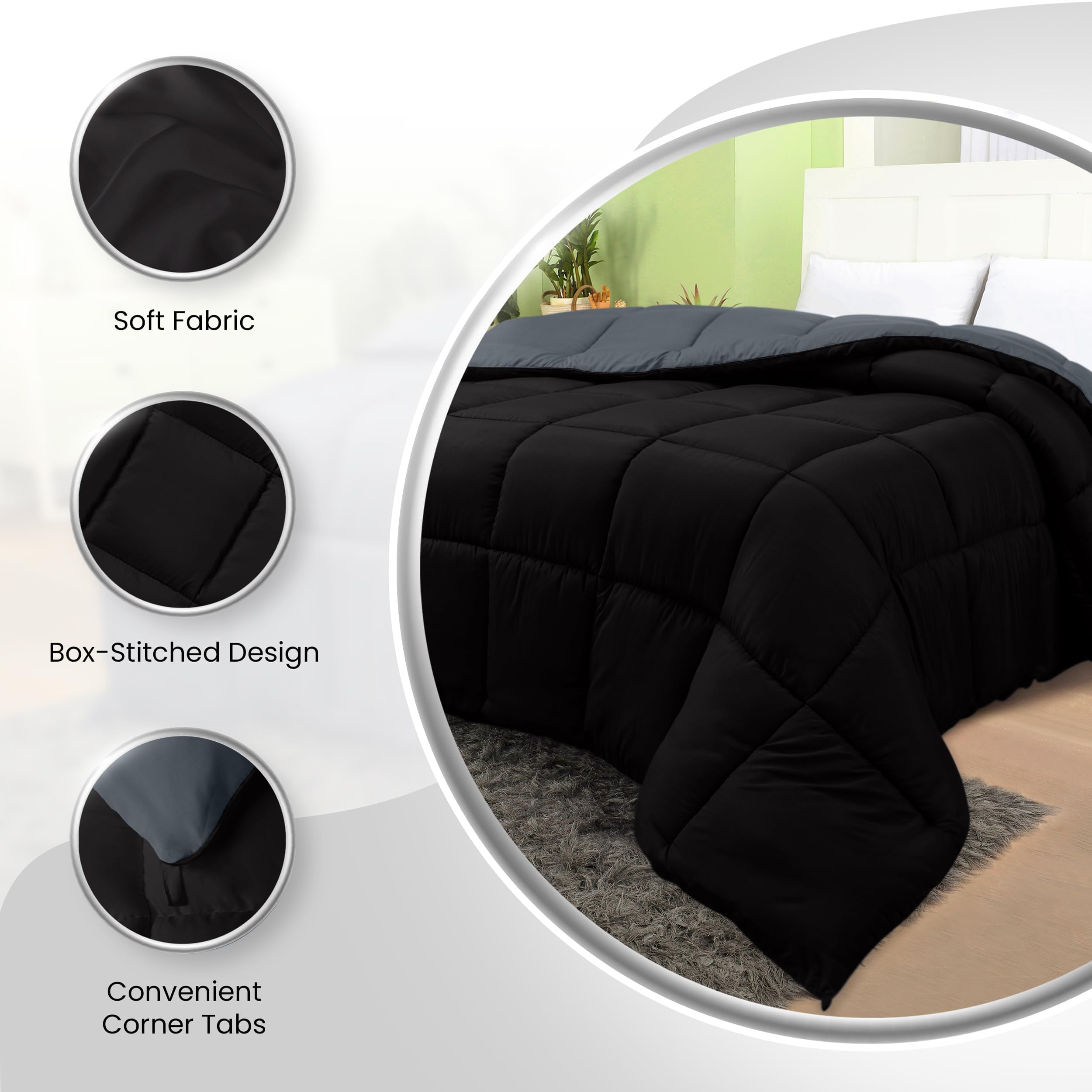Utopia Bedding Comforters King Size, All Season Duvet Insert, Down Alternative Box Stitched Bed Comforter with Corner Tabs, Machine Washable (Black/Grey)