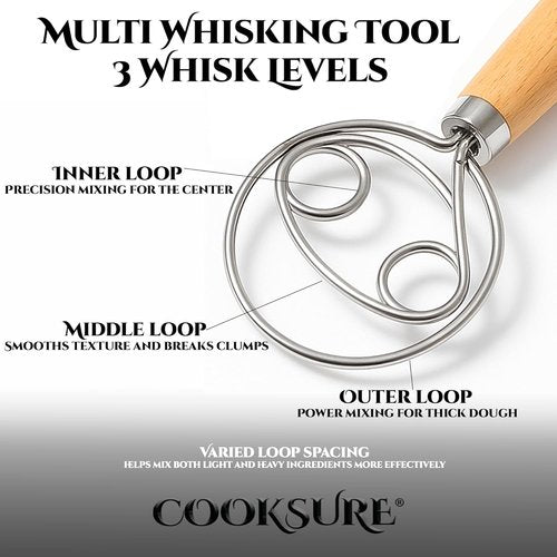 Danish Dough Whisk - 13-Inch Sourdough Bread Whisk with Wooden Handle & Stainless Steel Hook