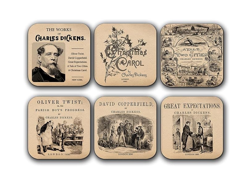 Six Dickens Coasters Set - Oliver Twist & Other Classic Novel Designs, 4" Square