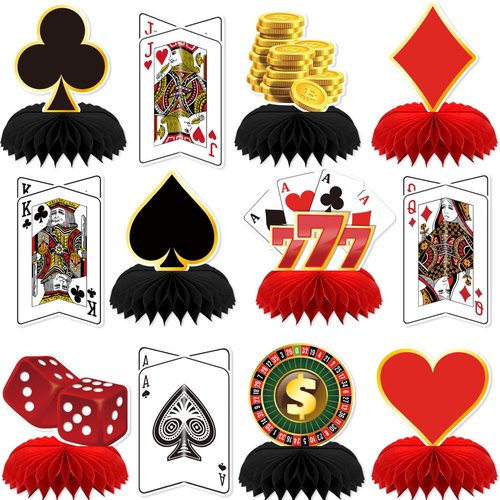 Adeyoo 12Pcs Casino Theme Party Decorations, Casino Centerpieces for Tables 3D Red Black Honeycomb Centerpieces Topper Poker for Las Vegas Themed Birthday Game Night Casino Poker Party Supplies