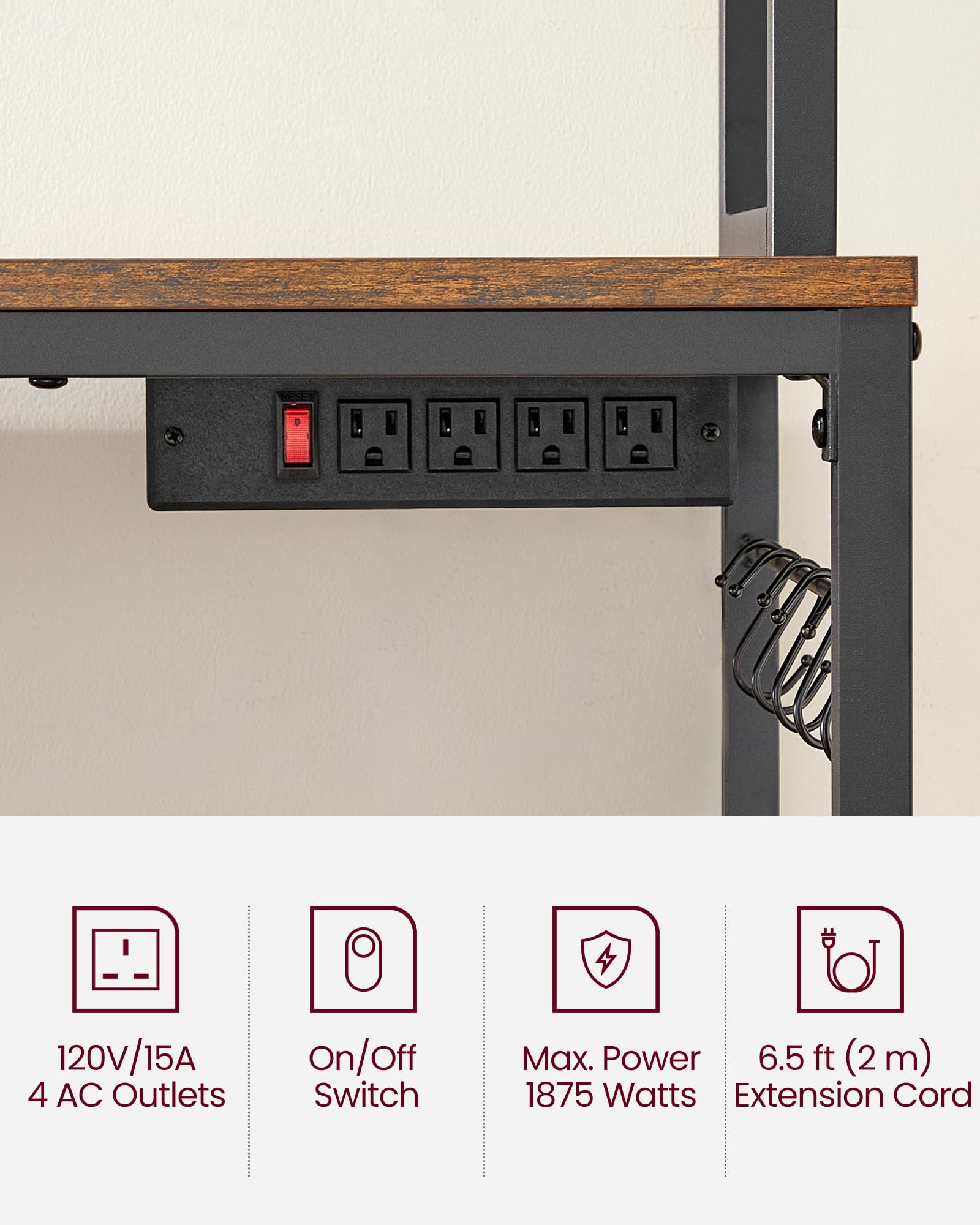 VASAGLE Bakers Rack with Power Outlet, Microwave Stand, Kitchen Tall Utility Storage Shelf, with Metal Wire Panel, 14 Hooks, 15.7 x 23.6 x 66.9 Inches, Rustic Brown and Ink Black UKKS037B01