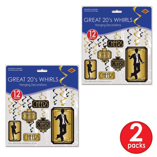 Beistle Great 20s Whirls – 24-Pack Art Deco Hanging Swirl Decorations with Metallic Gold & Black Spirals, 1920s Party Ceiling Decor for Roaring Twenties, Jazz Age Events, and New Year’s Eve, 17"–32"