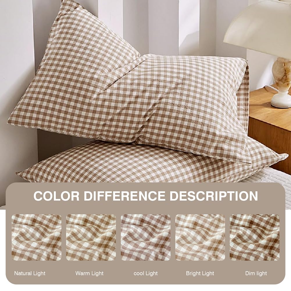 Tan Gingham Pillowcases Set Farmhouse Standard Size Pillow Shams Buffalo Taupe Plaid Pillowcases Set of 2, Grid Checkered Gingham Washed Cotton Pillow Covers with Envelope Closure, 20"×26"