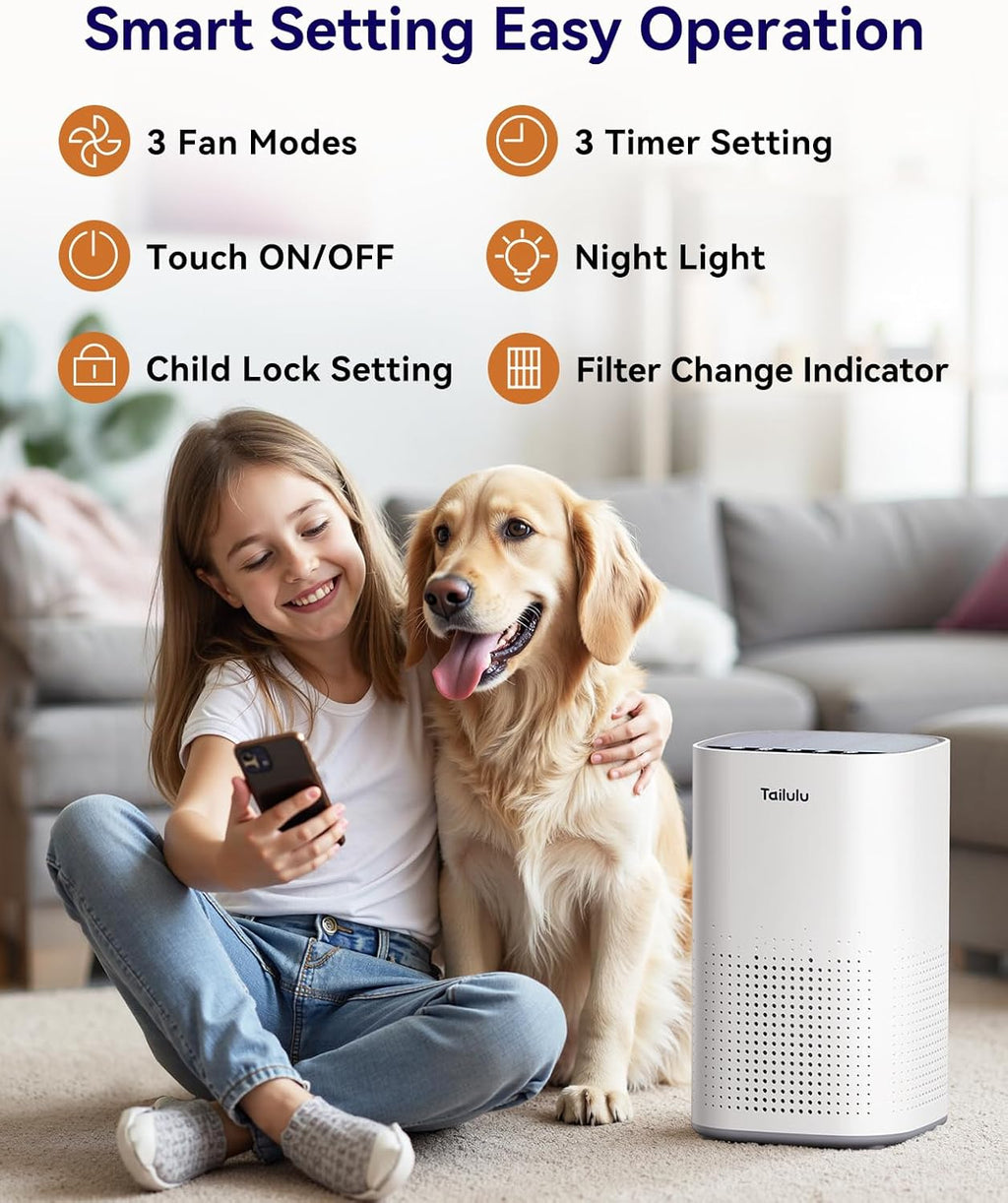 Tailulu H13 True HEPA Air Purifier - Quiet 15dB for Large Rooms up to 1500ft² | Ideal for Pets, Dust, and Odors