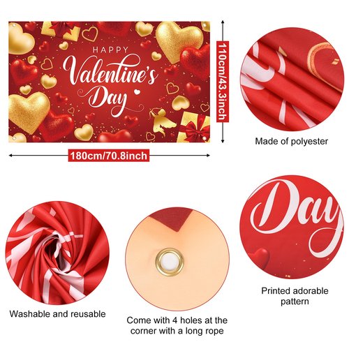 Happy Valentine's Day Backdrop Banner Decorations, Red and Gold Heart Romantic Love Happy Valentine's Day Signs Red Gold Background Valentines Day Anniversary Party Romantic Decor