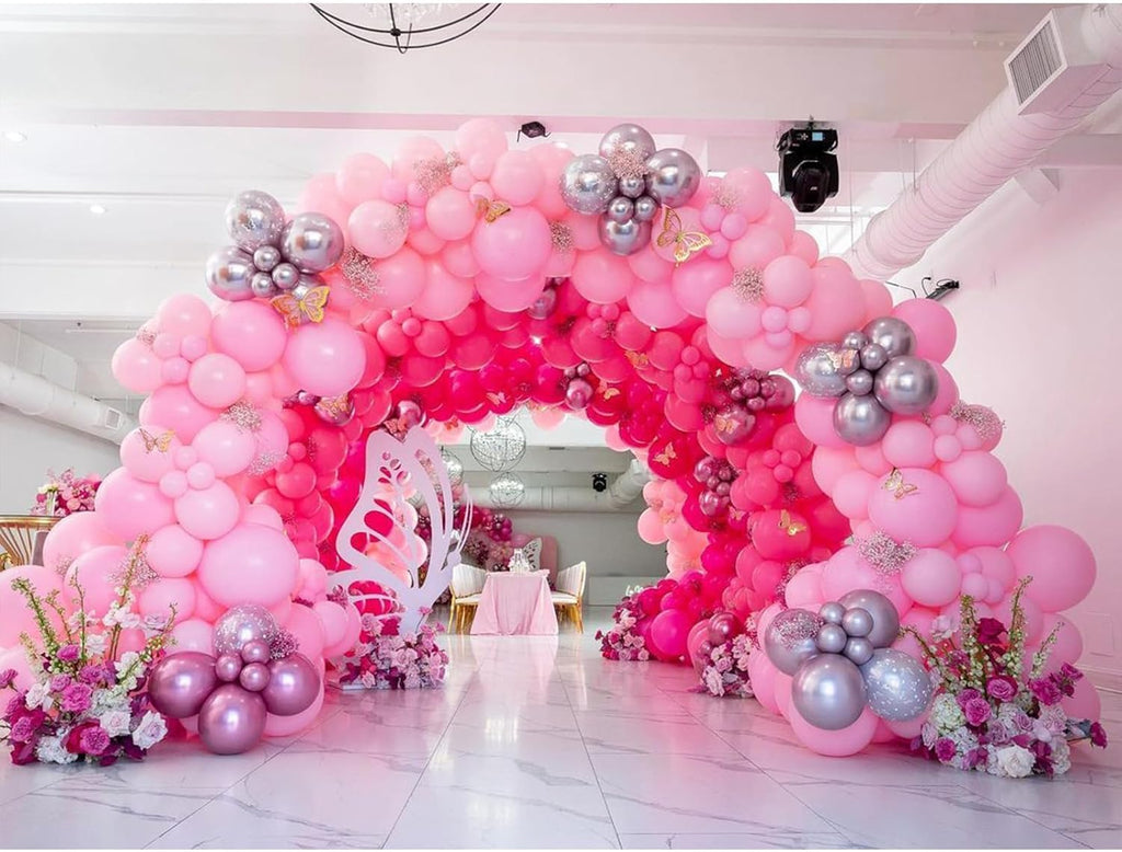 NISOCY Pink Balloons Garland Arch Kit - 124pcs Hot Pink Metallic Balloons for Valentine's Day & Birthday Decor