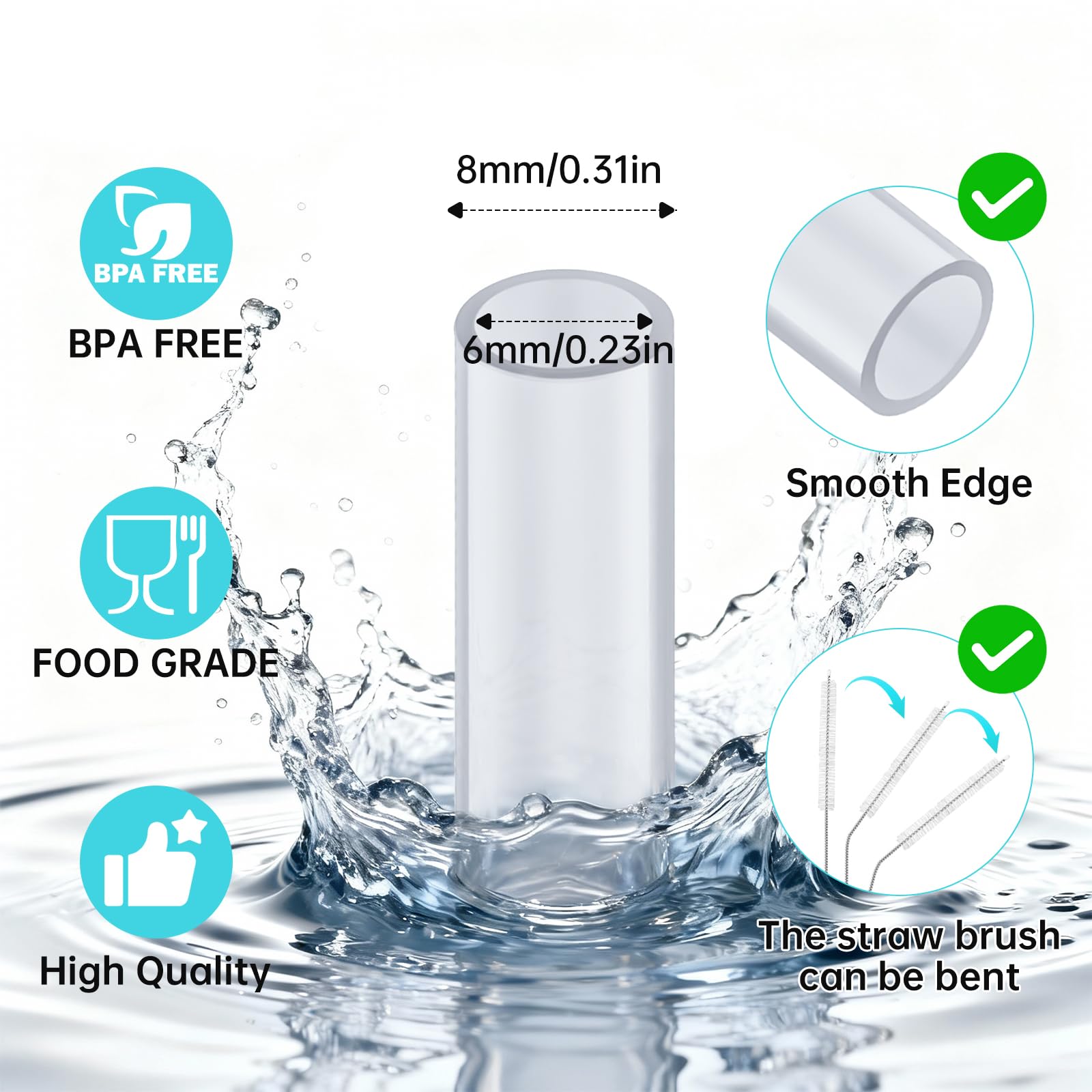 Water Bottle Straw Replacement Compatible with Takeya 24oz, Food Grade and BPA Free Plastic,6 Straws and 2 Brushes Compatible with Takeya