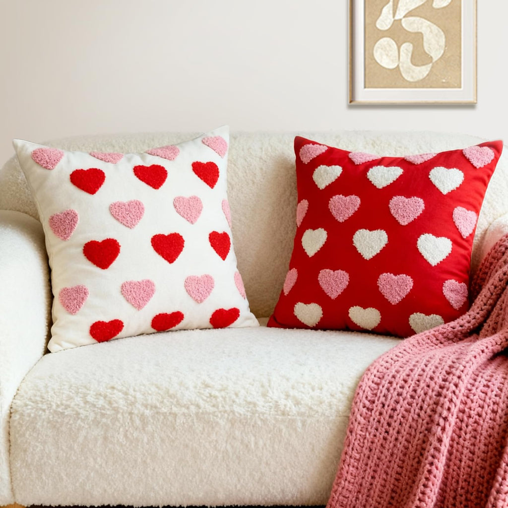 Valentine‘s Day Throw Pillow Covers Set of 2, 18x18 Inch (45x45cm) - White & Red Love Heart Embroidery Decorative Cushion Covers for Couch Sofa Bedroom, Valentine’s Gift for Her, Couples, Anniversary