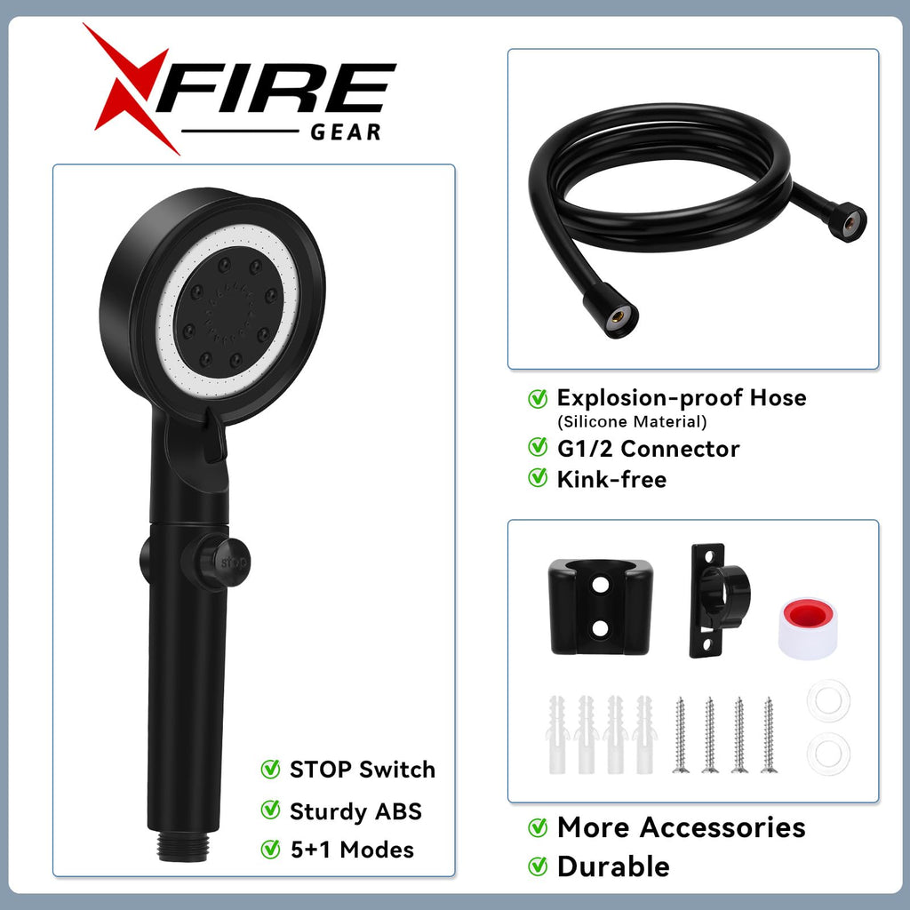 RV Shower Head with Hose, 5+1 Mode High Pressure Replacement with On/Off Switch, Water Saving Motorhome Shower Head for RV/Campervan, Caravan(Black)