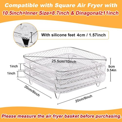 BYKITCHEN 8-Inch Square Air Fryer Rack - 3-Piece Stackable Stainless Steel Dehydrator Set for Cosori & Ninja Pro XL