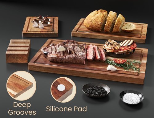 Fibogollo Acacia Wood Cutting Boards Set of 3 - Juice Groove Chopping Boards with Holder for Meat & Veggies